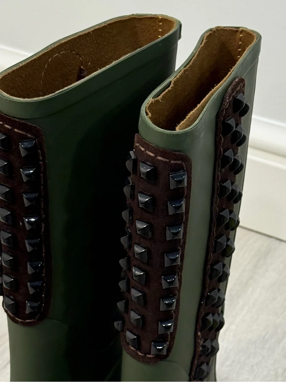 BCBGMaxAzria Dark Olive Green Studded Tall Rain Boots Size 9